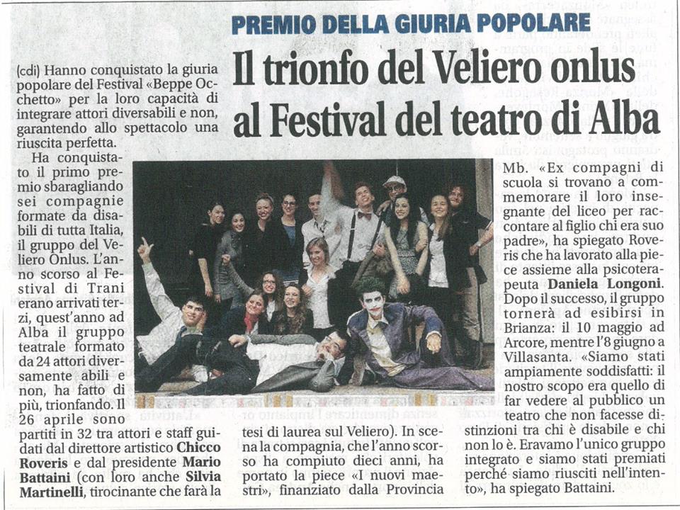 2014 04 - 26 aprile - Giornale di Monza - Il trionfo del Veliero onlus al Festival del teatro di Alba